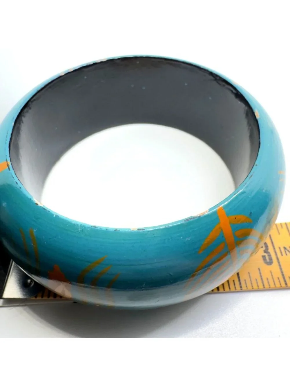 Hand-Painted Blue Wooden Bangle With Orange & Gold Leaf Motifs Size 7